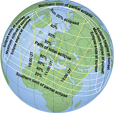 World Map of the Total Solar Eclipse of 11 Aug 99